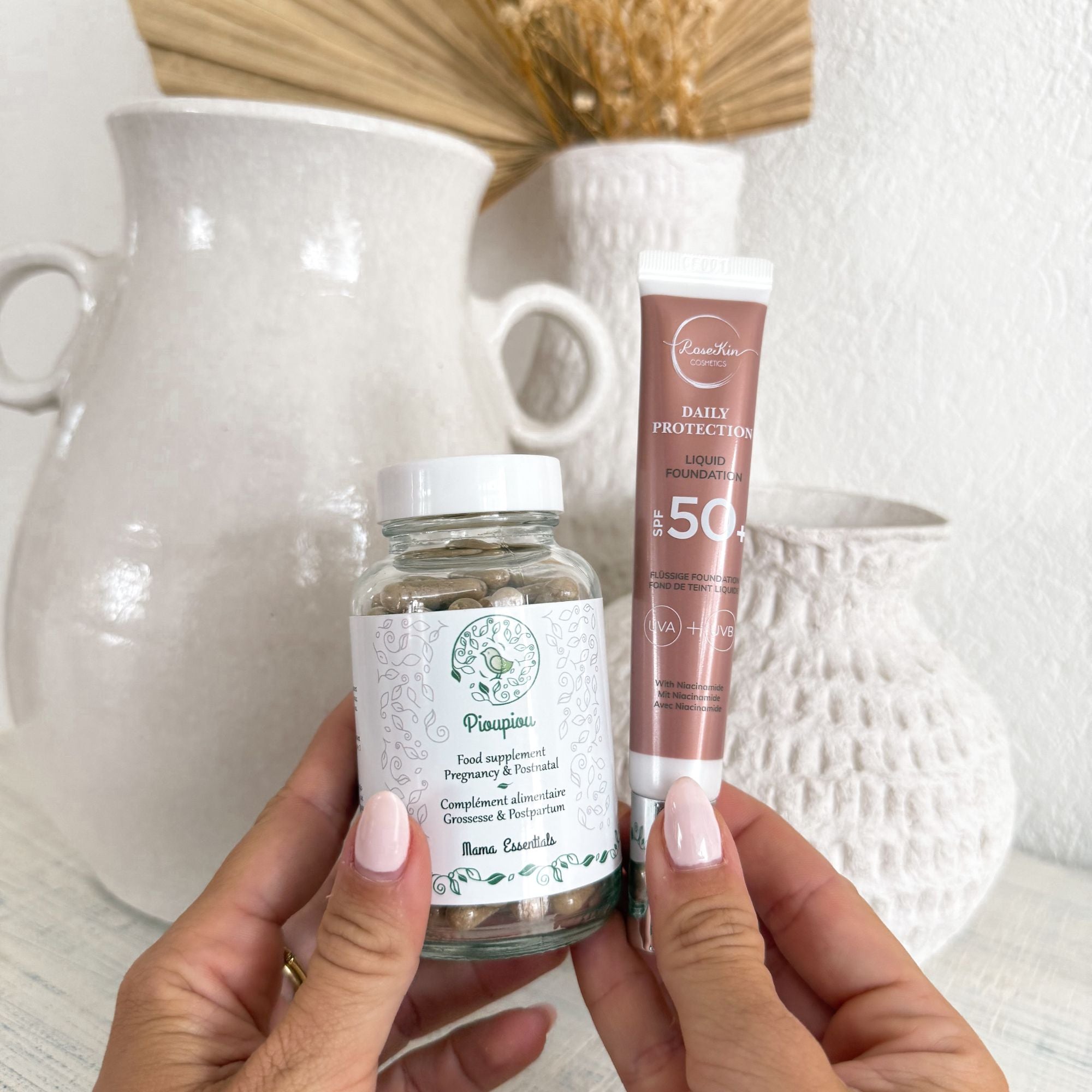 Radiant Mama Set by RoseKin Cosmetics, featuring skincare products in elegant packaging, designed for nurturing and glowing skin.