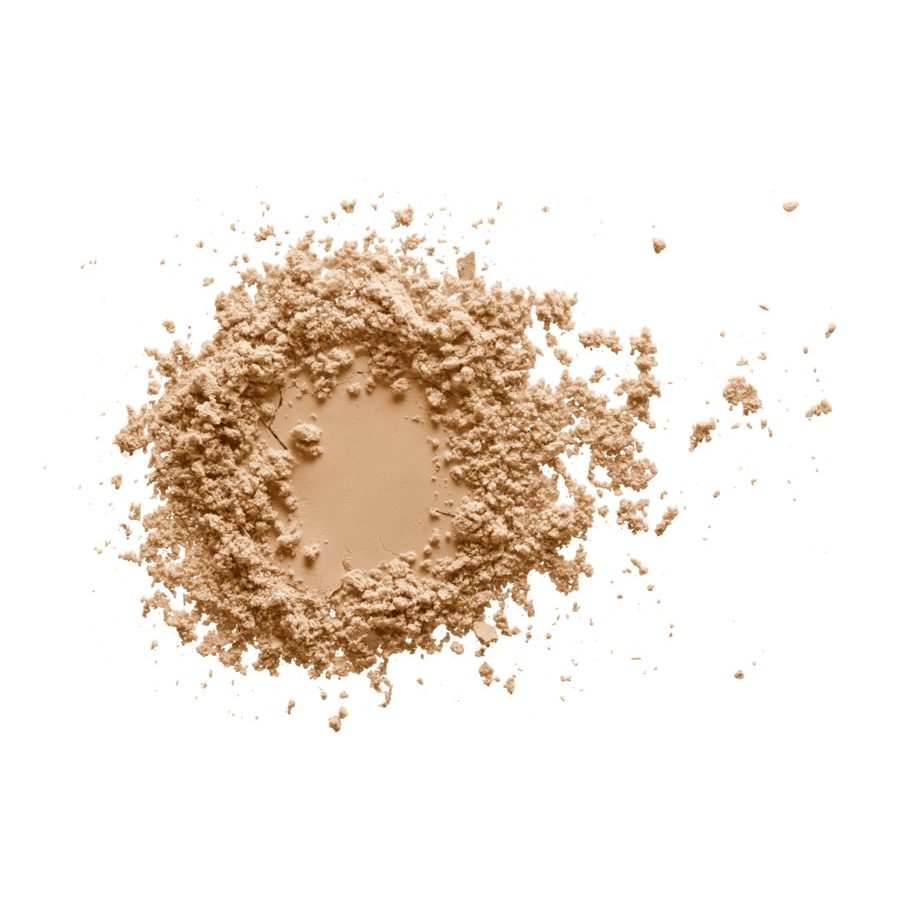 Makeup powder texture. Crushed  beige foundation swatch isolated on white background. Natural color cosmetics sample